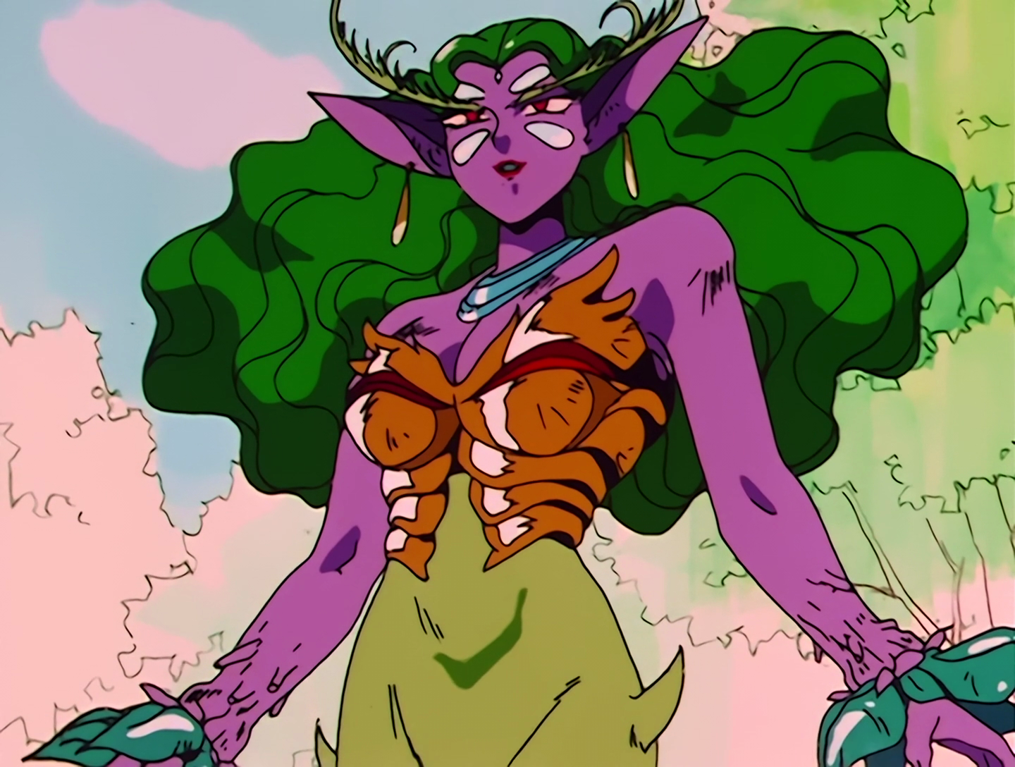 Petasos, a Youma from Sailor Moon episode 15. She’s mostly plant themed but also nebulously nature themed, it was the early days of them doing this sort of monster. She has purple skin and long green hair, with antennae and white markings on her face. She has green pants and her top is made of something resembling tree bark.